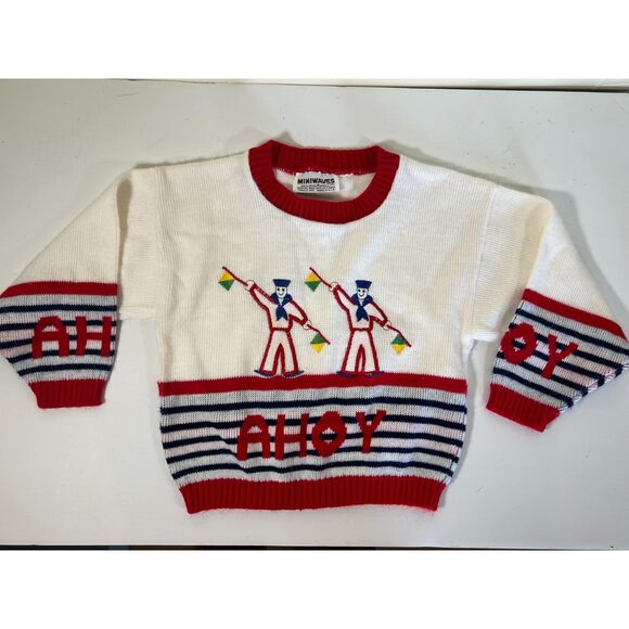 Vintage Children's Sweater - Red, White and Blue Ahoy Sailor by Miniwaves (1970) - Picture 4 of 8